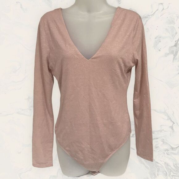 New Abound Metallic Knit Double V Neck Long Sleeve Bodysuit Rose Gold Pink - Siz - Picture 2 of 5
